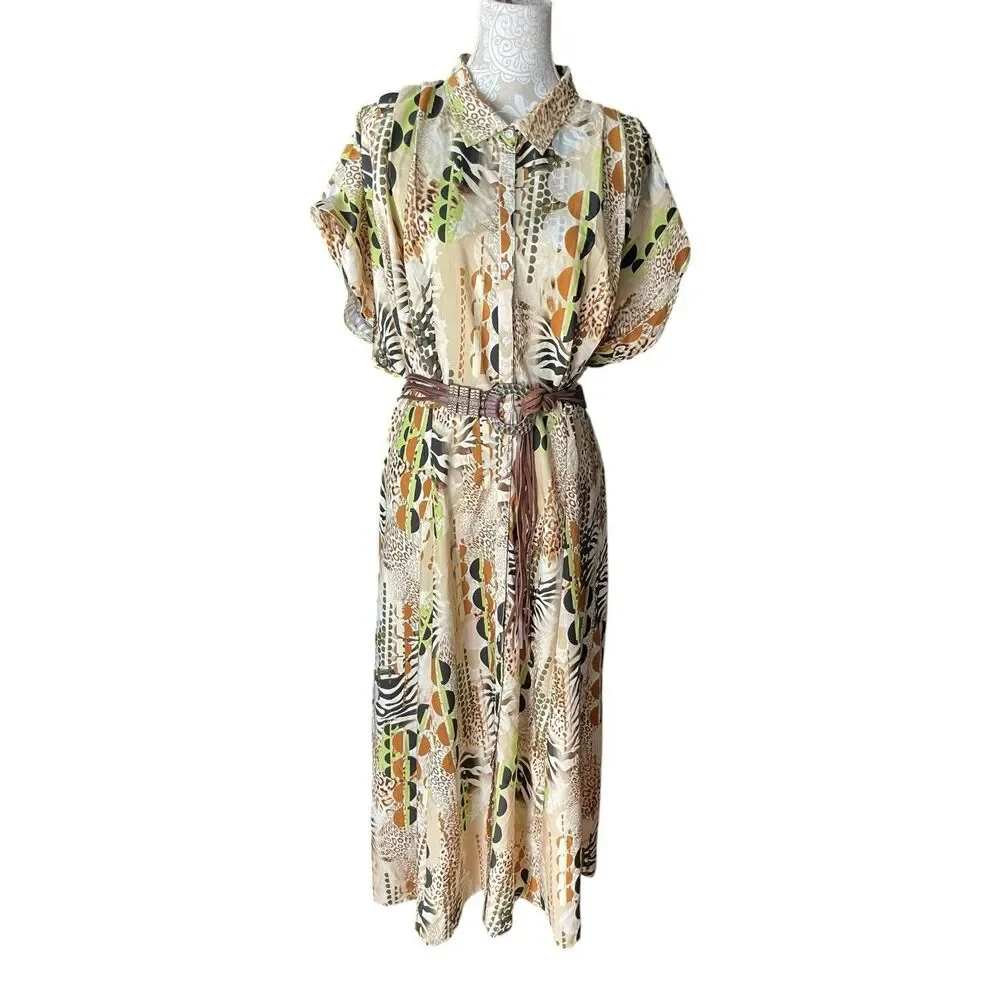 Safari Animal Print Maxi Shirt Dress Size 3X Zebra Cheetah Boho Button Front